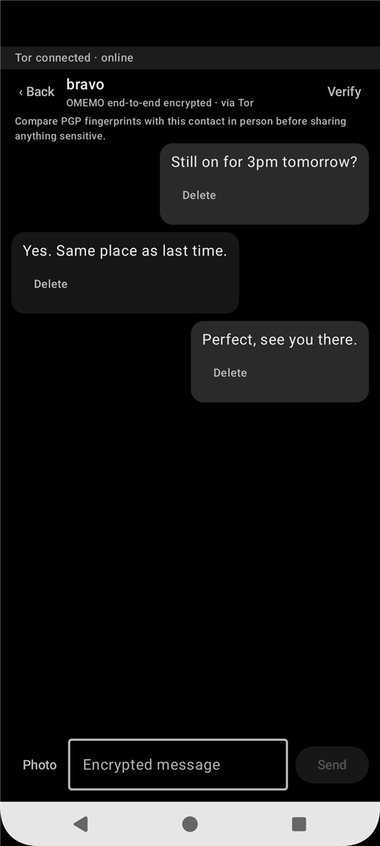 A conversation encrypted end to end over Tor