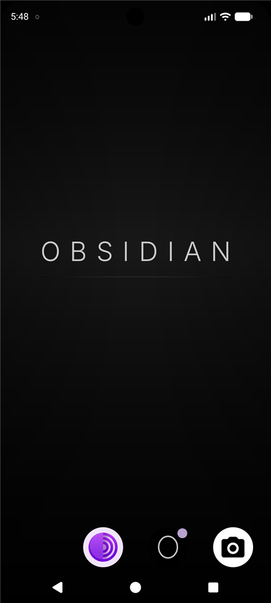 Home screen showing only Tor Browser, Obsidian Chat and Camera