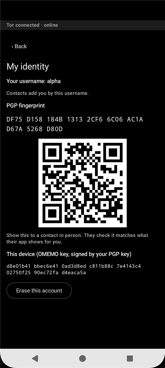 Identity screen with a PGP fingerprint and QR code